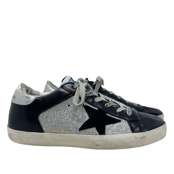 Golden Goose Superstar Sneakers Women Size 37 Silver Glitter Black Star Leather - Picture 15 of 15